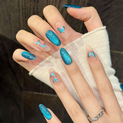 Turquoise Butterfly Oval Press-On Nails