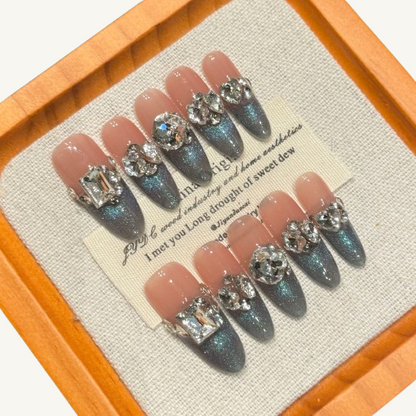 Starry Night Press-On Nails | Handmade Luxury Diamond Cat Eye Oval