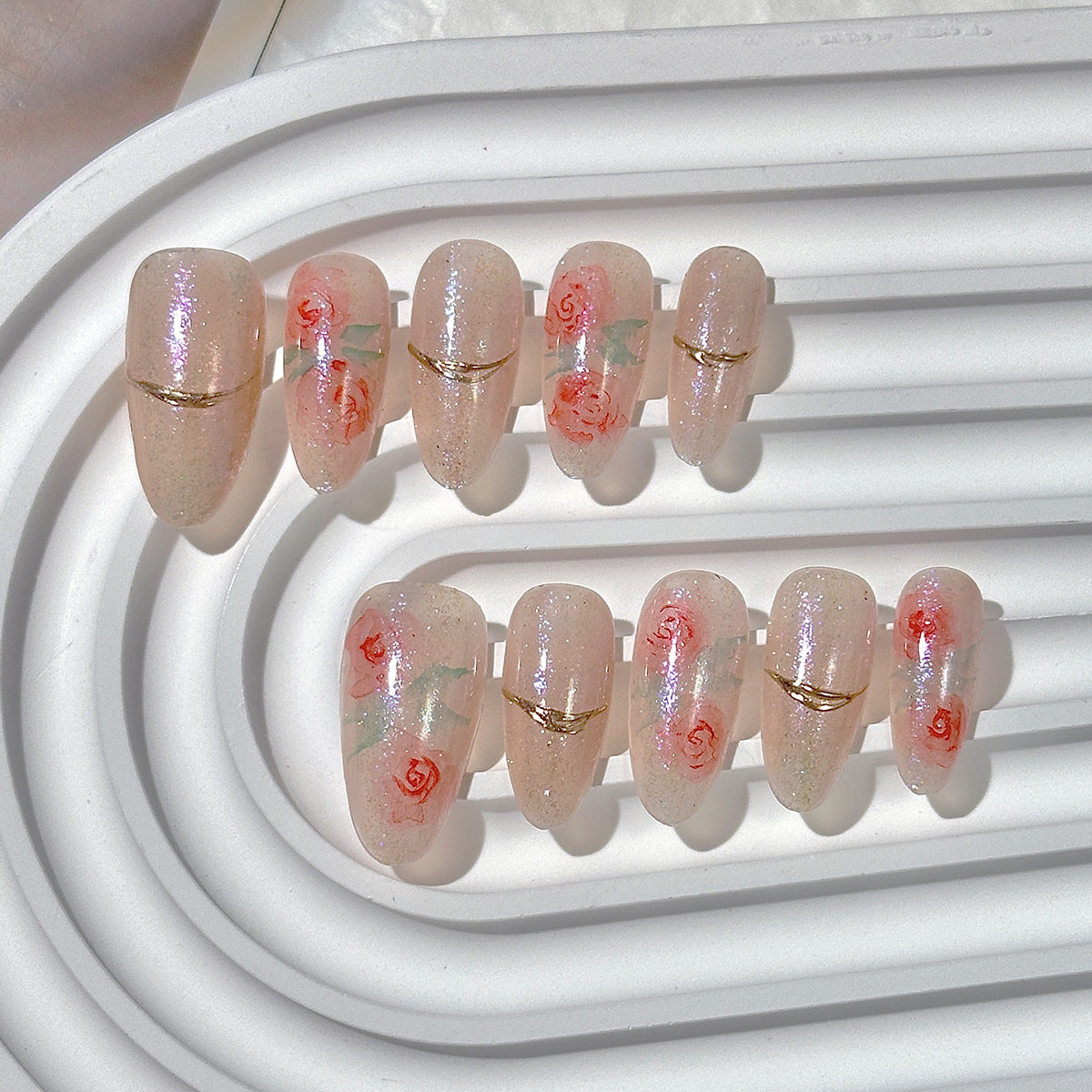 Glitter Rose Gold Line Almond Press-On Nails