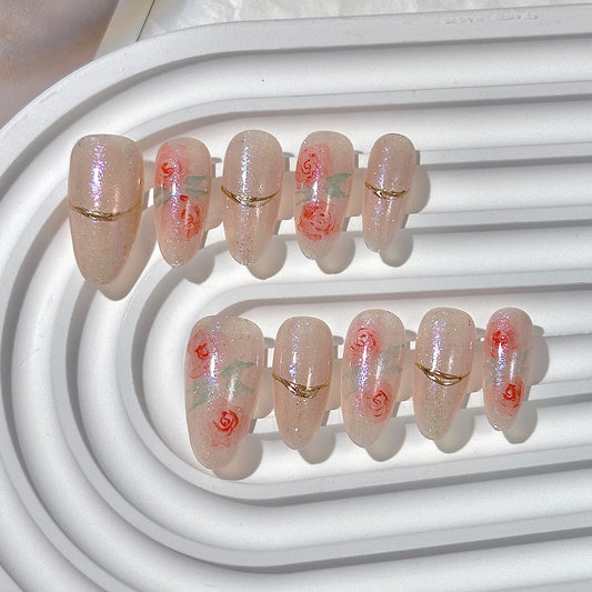 Glitter Rose Gold Line Almond Press-On Nails