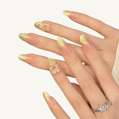 Summer Glass Flower Press-On Nails | Handmade 3D Floral Gold Ombre