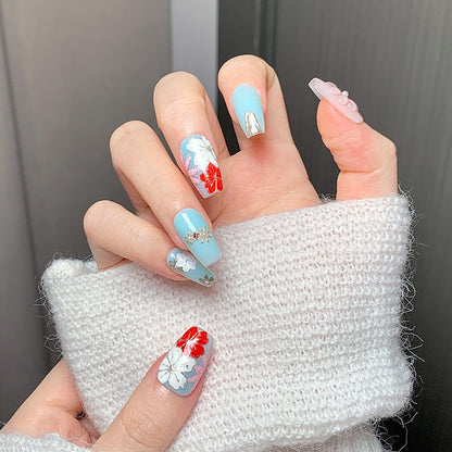 Light Blue Floral Trapezoid Press-On Nails