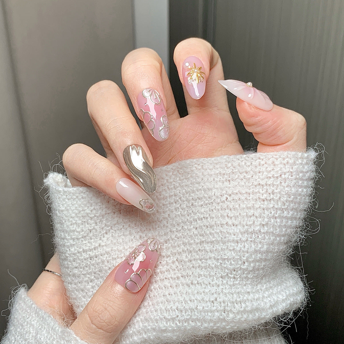 Pink-White 3D Accent  Press-On Nails