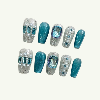 Ocean Heart Press-On Nails | Luxury Handmade Pearl Coffin Fake Nails