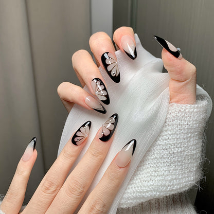 Black Butterfly Almond  Black-White Press-On Nails