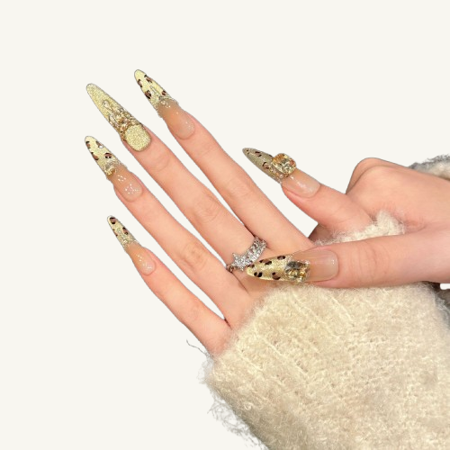 French Leopard Press-On Nails | Handmade Luxury Gold Diamond Stiletto