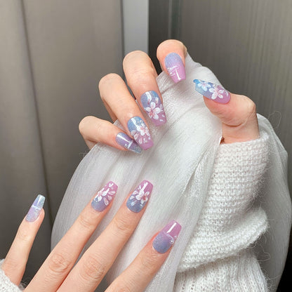 Pink-Blue Cherry Blossom  Trapezoid Press-On Nails