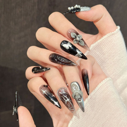 Black Silver Skull Long Stiletto Press-On Nails