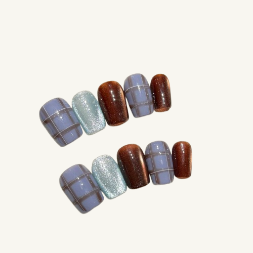 Blue Plaid Press-On Nails | Handmade Cat Eye Glitter Mix Coffin