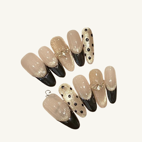 Starlight Polka Dot Press-On Nails | Handmade Black Gold Glitter Oval