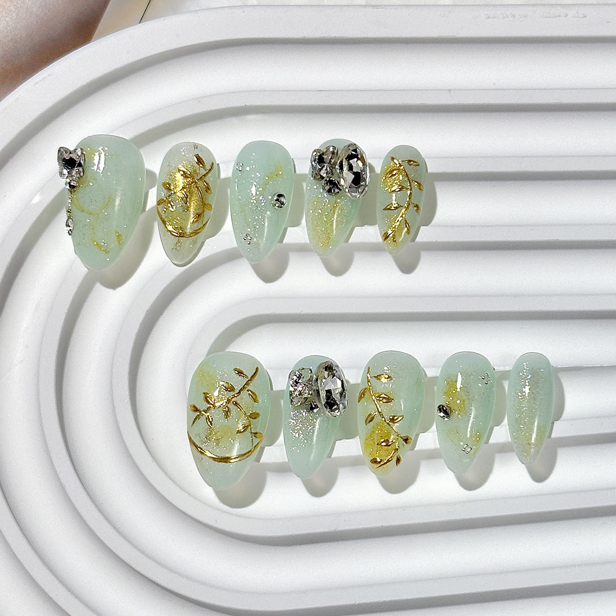 Mint Green Gold Accent Press-On Nails