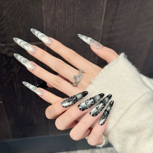 Silver-Black Cross Stiletto Press-On Nails