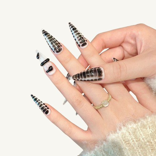 Croc Skin Press-On Nails |  Black & White Contrast Stiletto Nails
