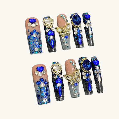 Luxury Sapphire Press-On Nails | Long Square Handmade Fake Nails