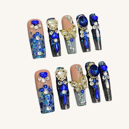 Luxury Sapphire Press-On Nails | Long Square Handmade Fake Nails