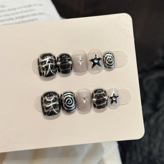 Black-White Element Squoval Press-On Nails