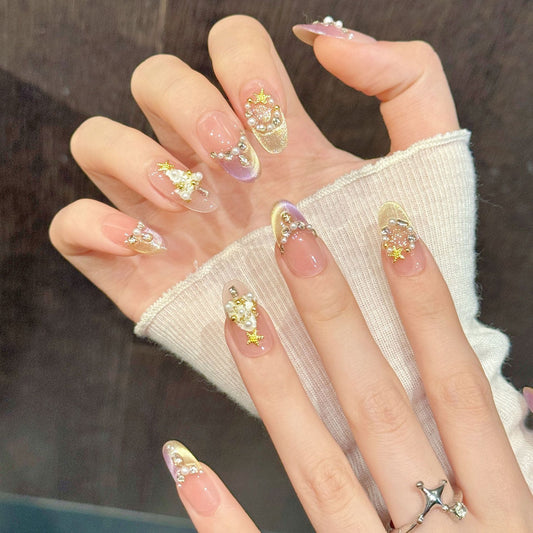 Pink Sheer Star-Pearl Press-On Nails