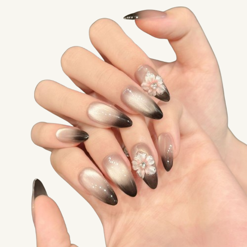 Dusk Sparkler Press-On Nails | Handmade 3D Flower Cat Eye Ombre Almond
