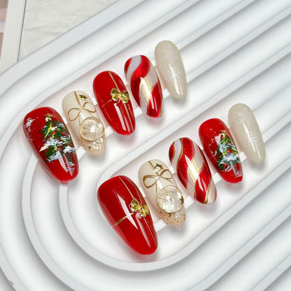 Christmas Red-White Oval Medium-Long Press-On Nails