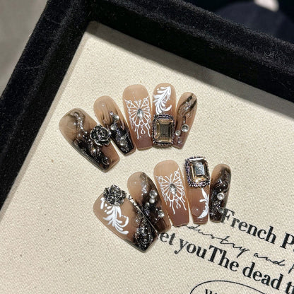 Light Luxury Butterfly Diamond Long Handmade Press - on Nails (Dinner - Suitable)