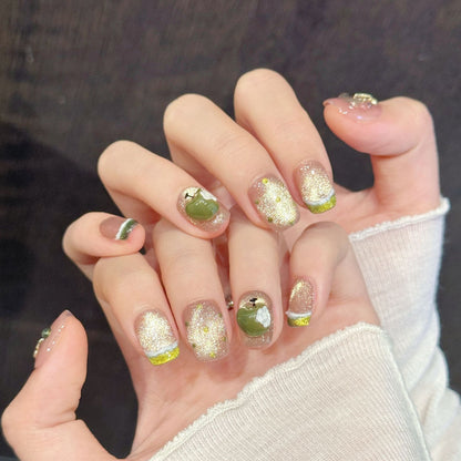 Pink Gold Bow Short Trapezoid Press-On Nails