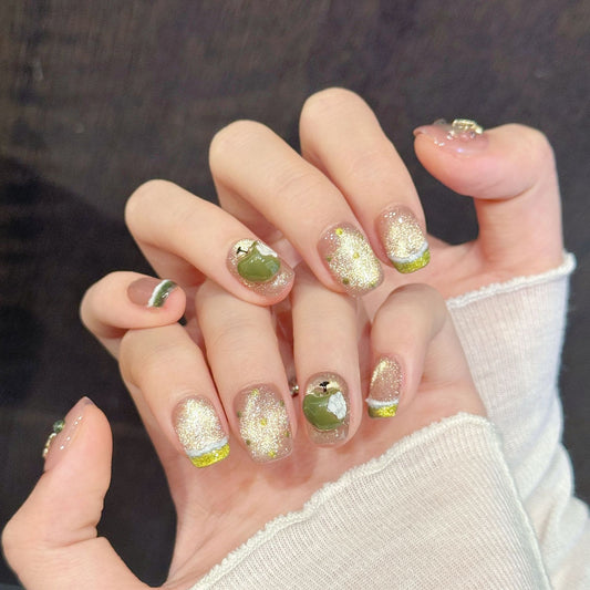 Pink Gold Bow Short Trapezoid Press-On Nails