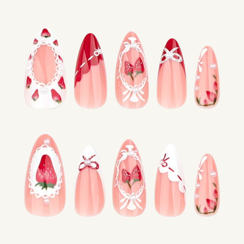 Strawberry Pearl Press-On Nails | Bow & Lace Medium Almond