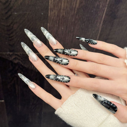 Silver-Black Cross Stiletto Press-On Nails
