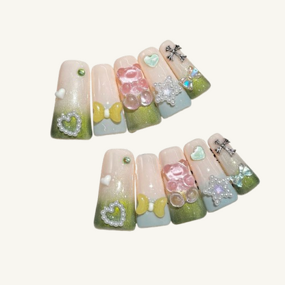 Gummy Bear Picnic Press-On Nails | Handmade Jelly Bear Bow Long Square