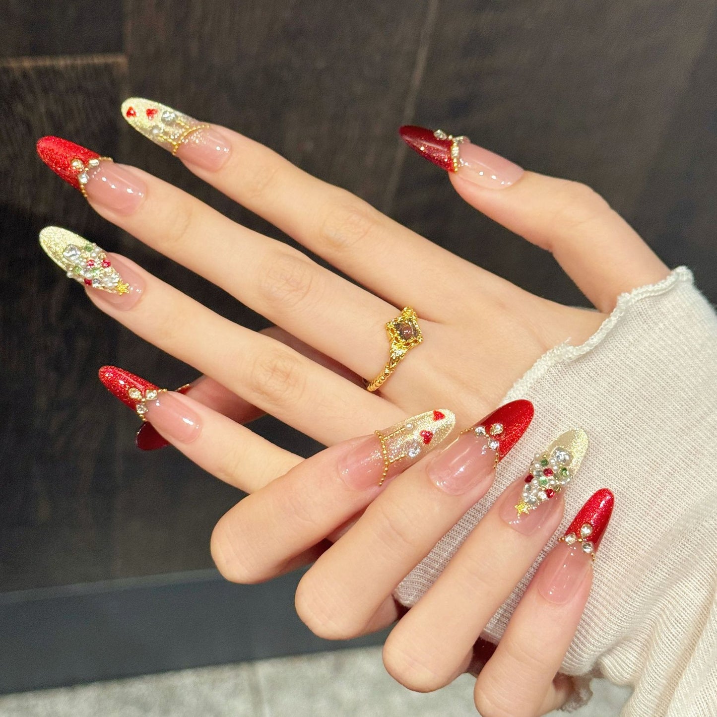 Red-Gold Christmas Stiletto Press-On Nails