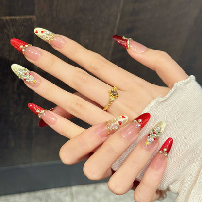 Red-Gold Christmas Stiletto Press-On Nails