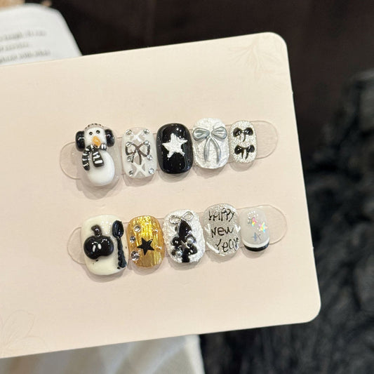 New Year Snowman Short Oval Press-On Nails