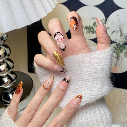 Pink-Brown Gold Short Almond Press-On Nails