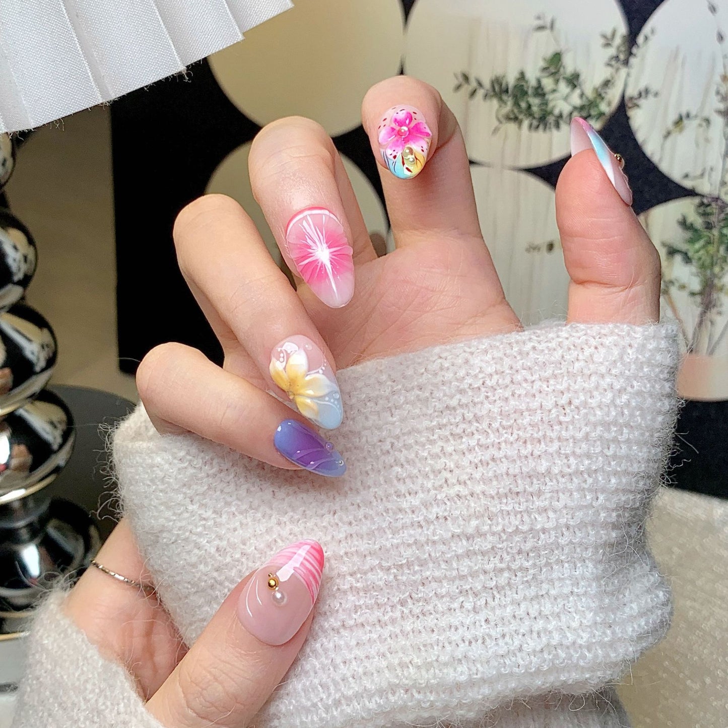 Floral Gradient Almond Press-On Nails