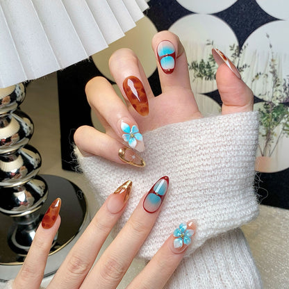 Brown-Pink Floral Short Almond Press-On Nails