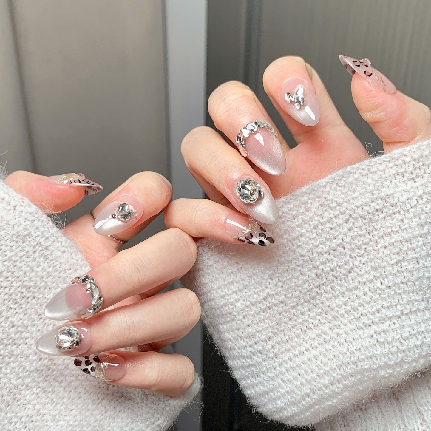 Pink Sheer Leopard Diamond Stiletto Press-On Nails