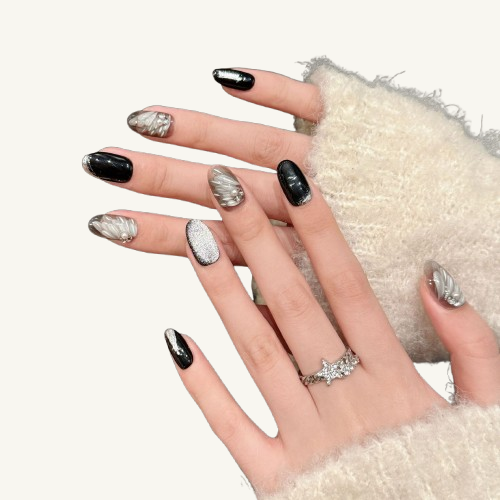 Angel Wings Press-On Nails | Handmade Feather Pearl Glitter Oval