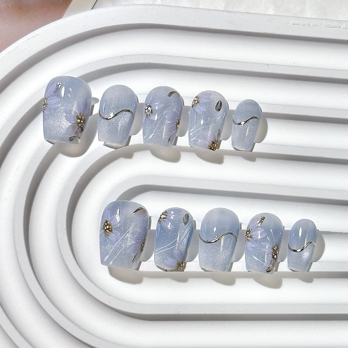 Light Blue Purple Floral Press-On Nails