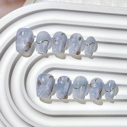 Light Blue Purple Floral Press-On Nails
