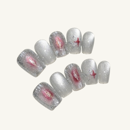 Galactic Beacon Press-On Nails | Handmade Star Glitter Cat Eye Coffin