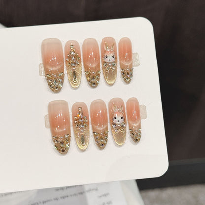 Peach Bunny Sparkle Long Oval Press-On Nails