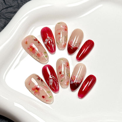 Chinese Style Sakura Red Oval Press-On Nails
