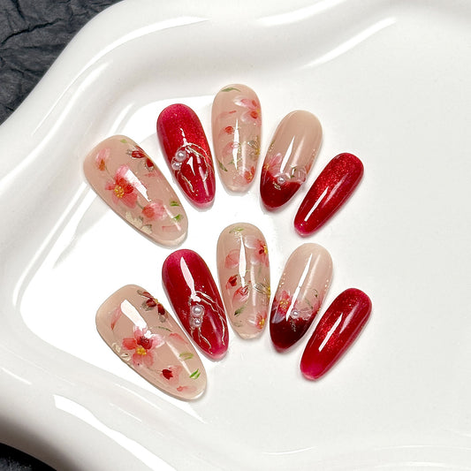 Chinese Style Sakura Red Oval Press-On Nails