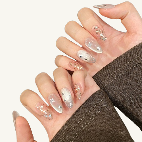 Soft Shimmer Glitter Press-On Nails | Handmade Oval Fake Nails