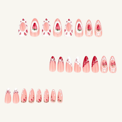 Strawberry Pearl Press-On Nails | Bow & Lace Medium Almond