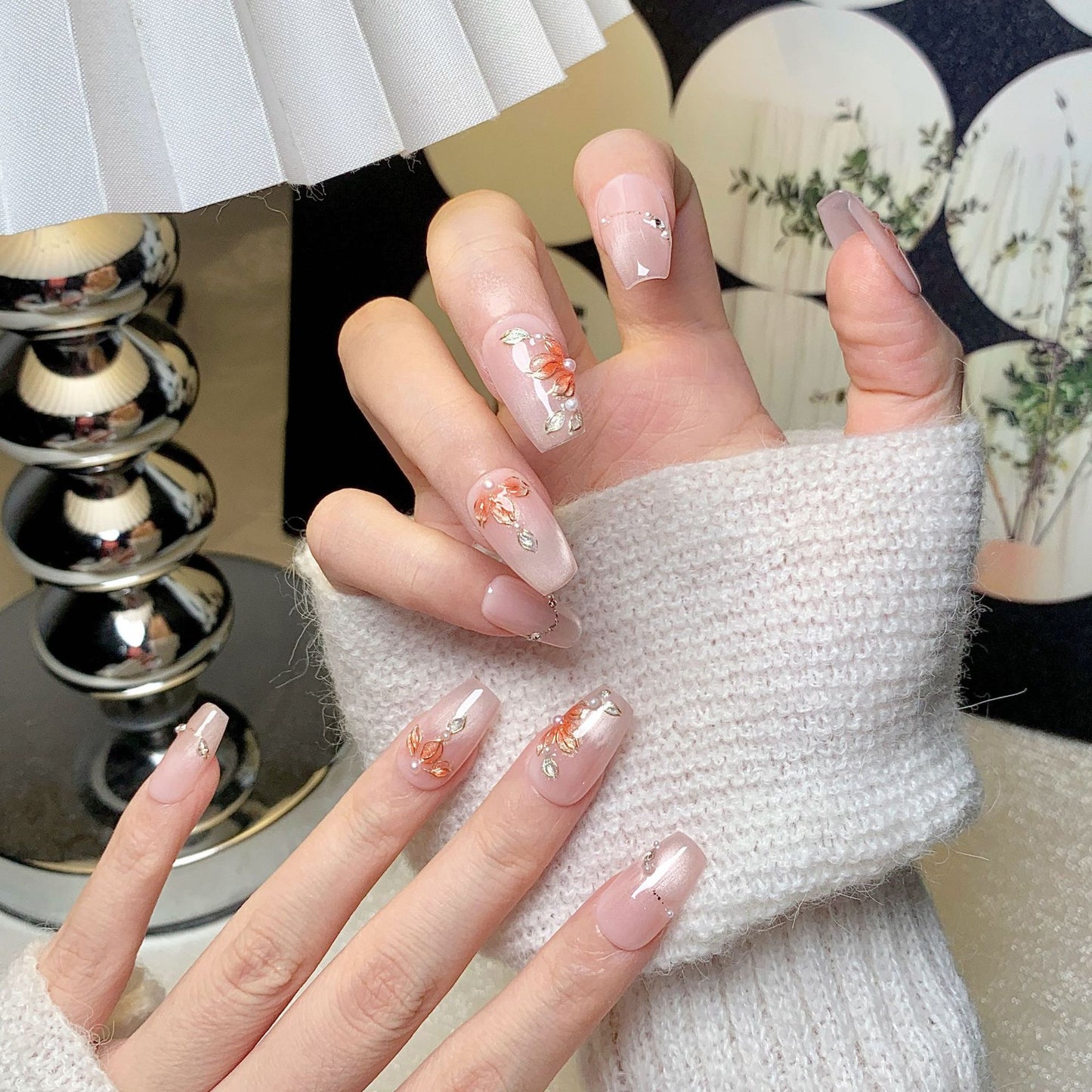 Light Pink Floral Long Trapezoid Press-On Nails
