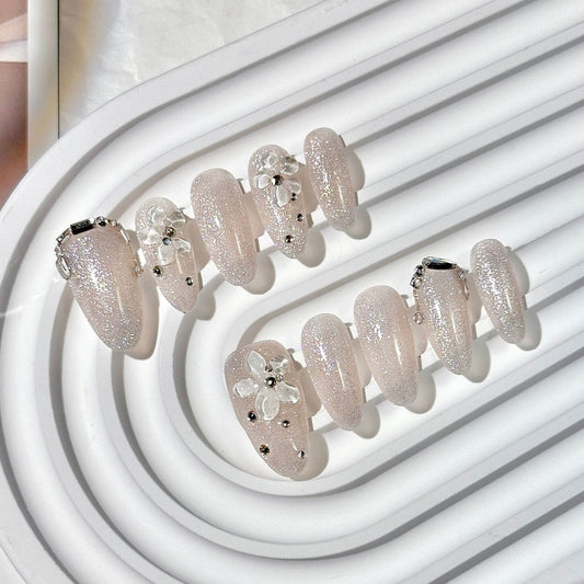 Glitter Floral  Almond Press-On Nails