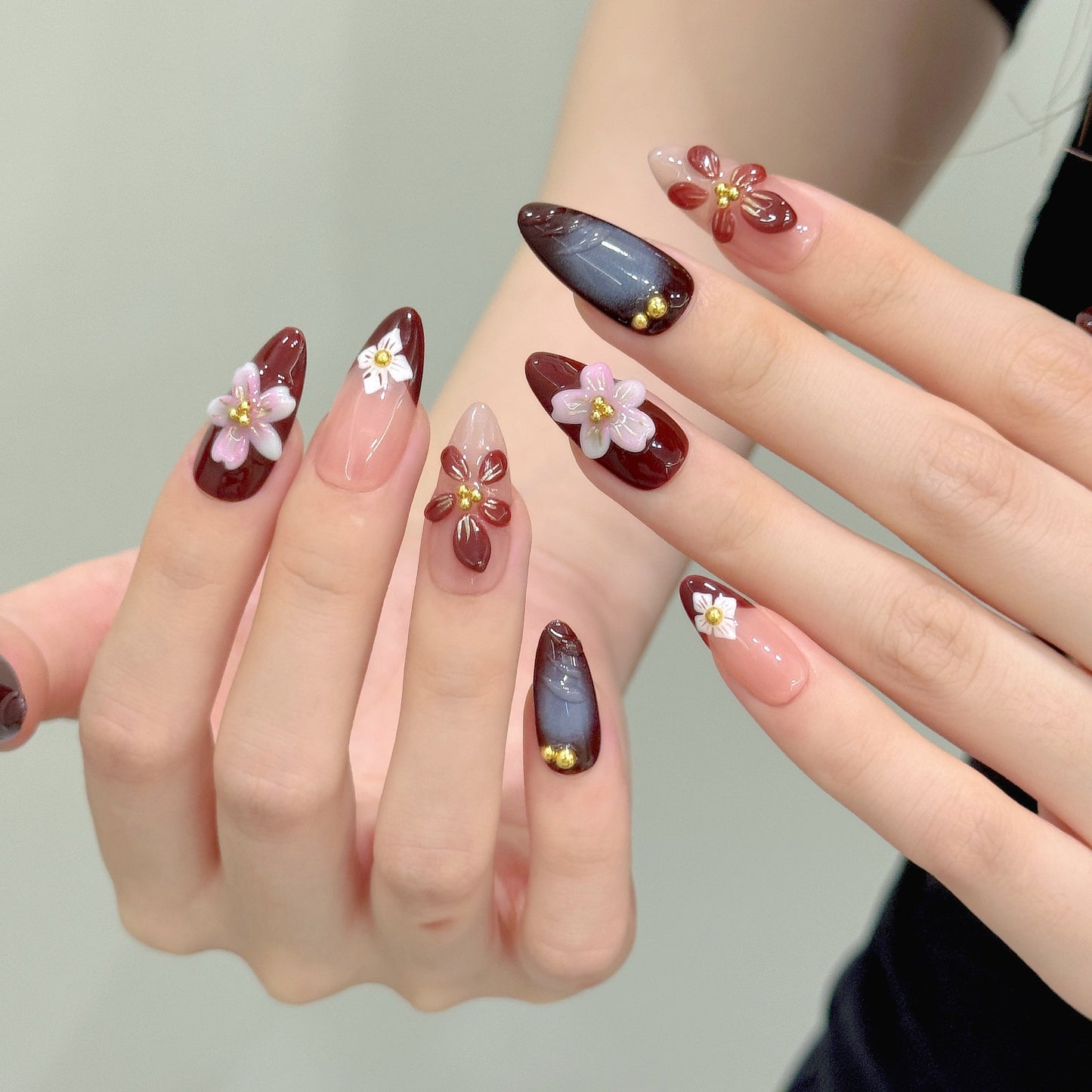 Burgundy Floral Medium Almond Press-On Nails