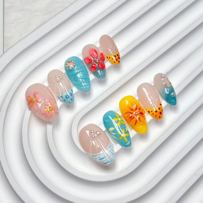 Colorful Floral Almond Press-On Nails