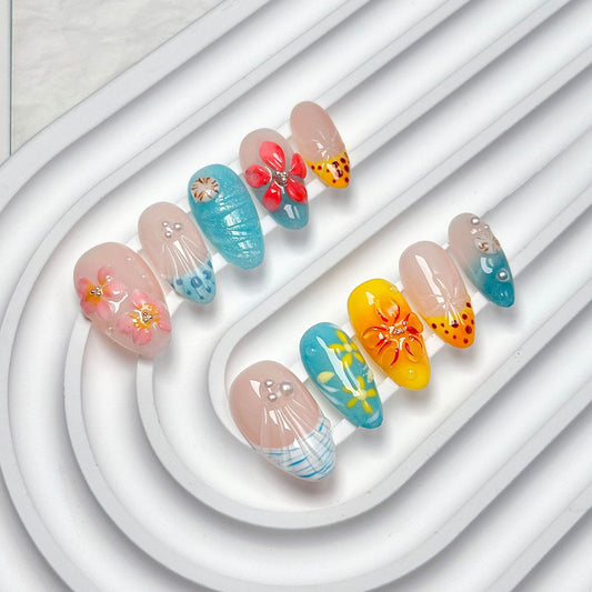 Colorful Floral Almond Press-On Nails